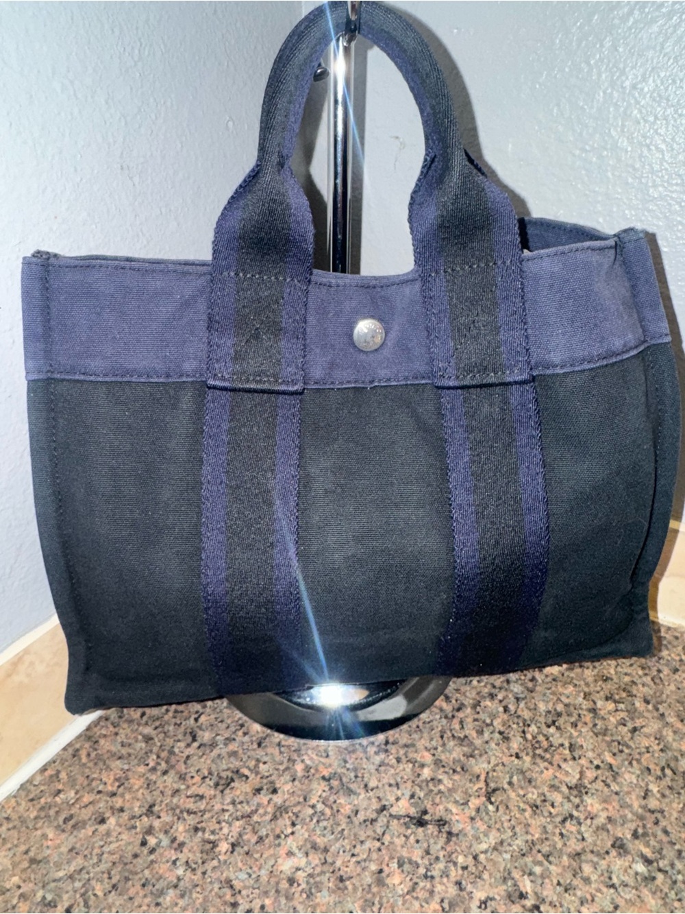Hermes 💎Black and Navy Canvas small Tote EUC